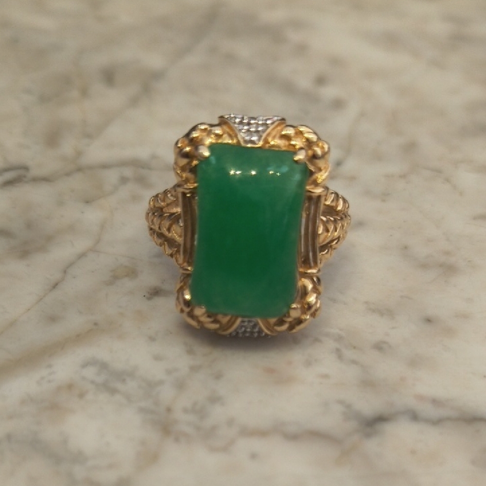 Gold-Tone Ring With Green Rectangular Stone - image 1